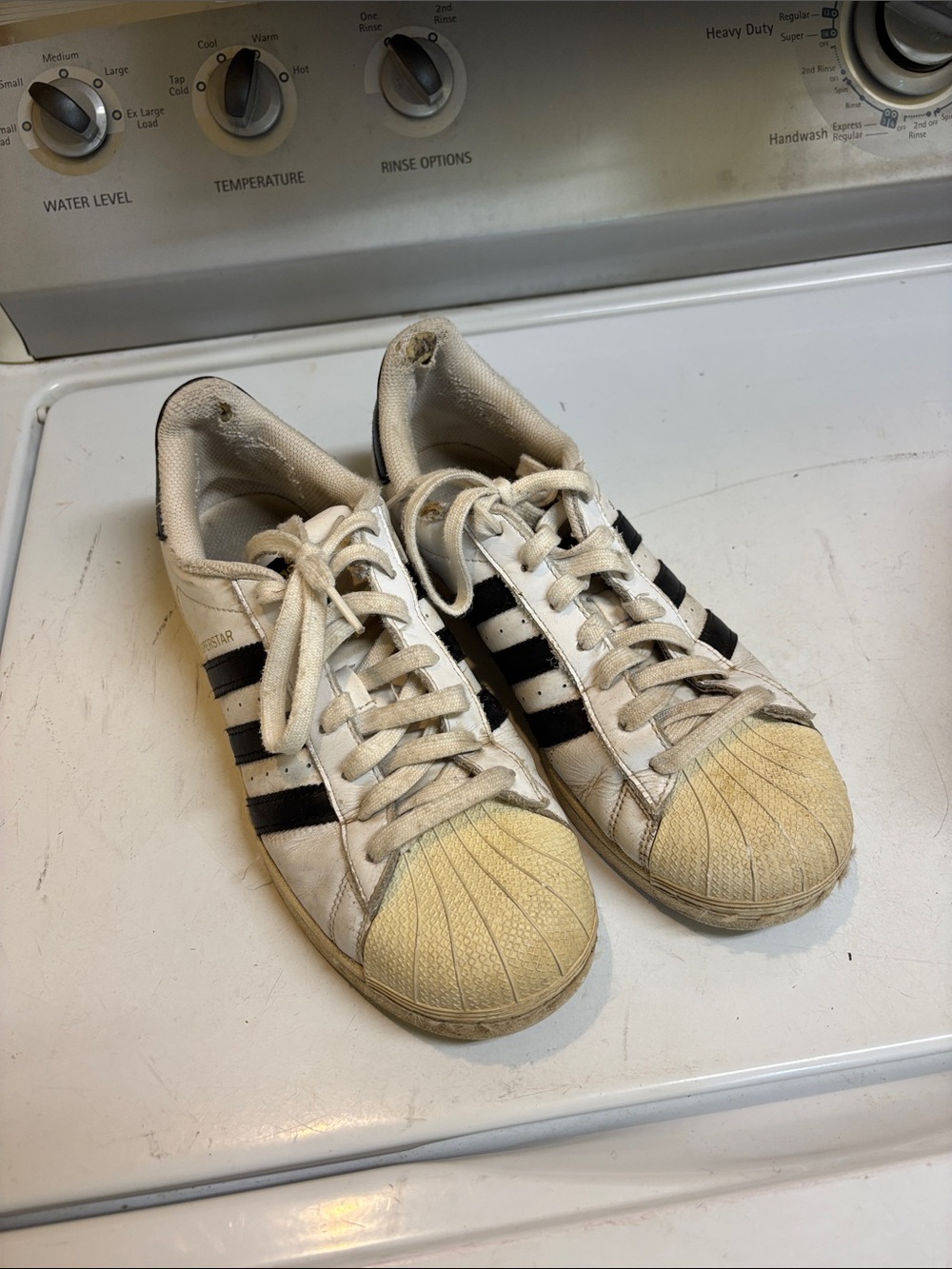adidas Women's White Sneakers with Black Stripes and Yellowed Toecaps